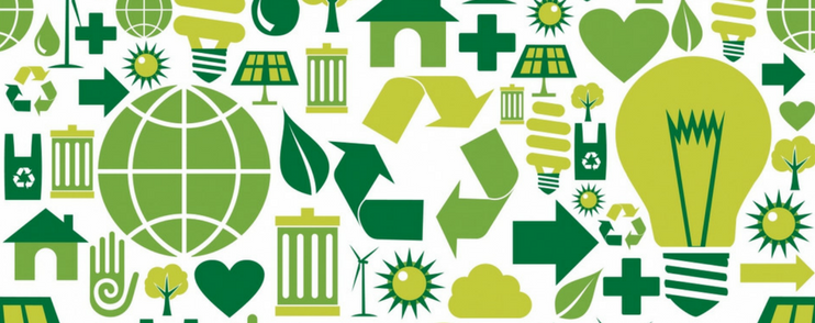 Illustration av miljörelaterade symboler, inklusive återvinning, glödlampor, löv, hus, sol, och gröna plustecken.