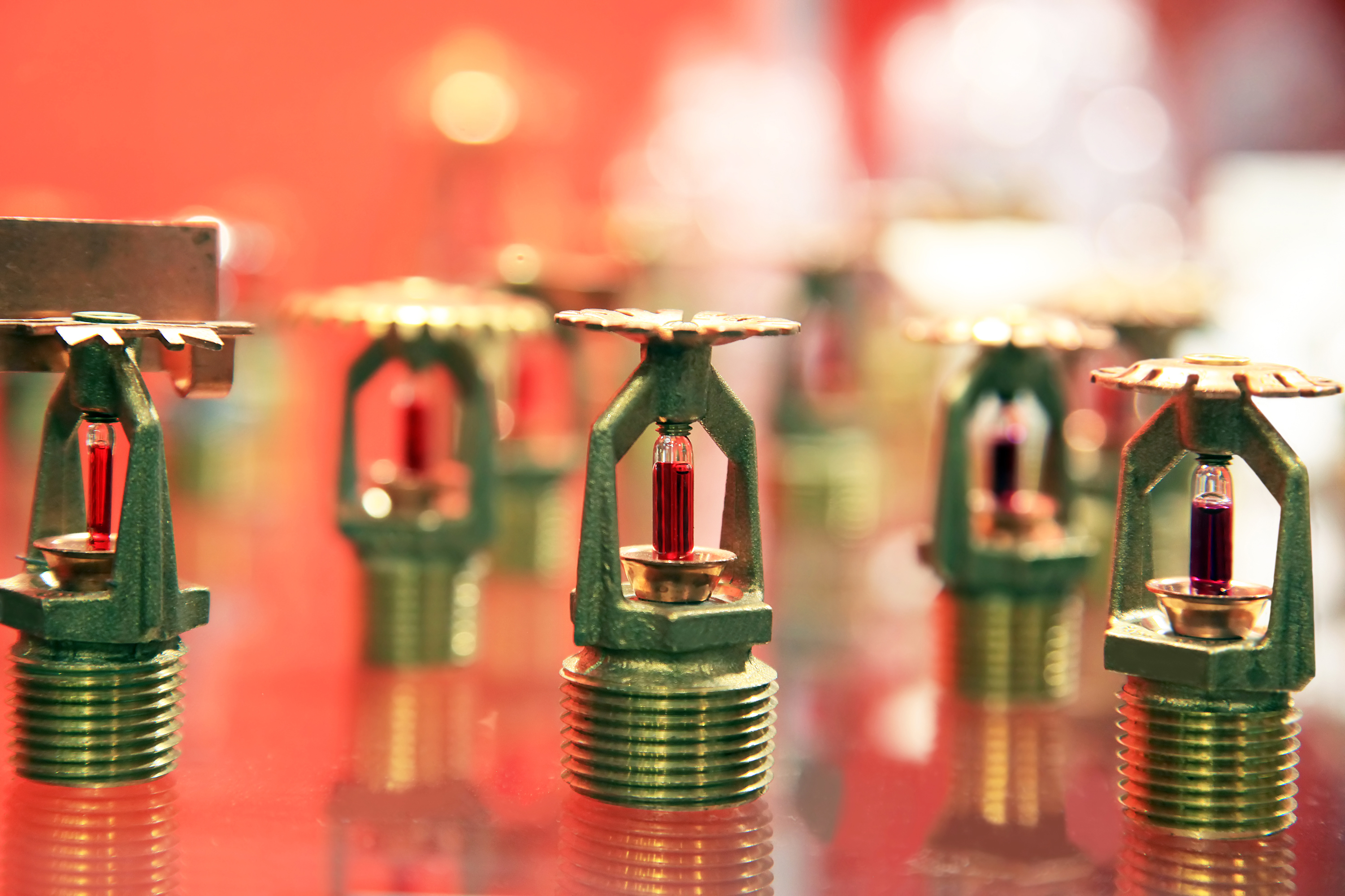 Close-up view of a fire sprinkler head mounted on the ceiling. 