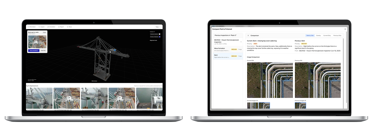 Two open laptops display industrial inspection software interfaces. The left screen shows a 3D model of a crane with inspection images below. The right screen compares point of interest images, highlighting structural details