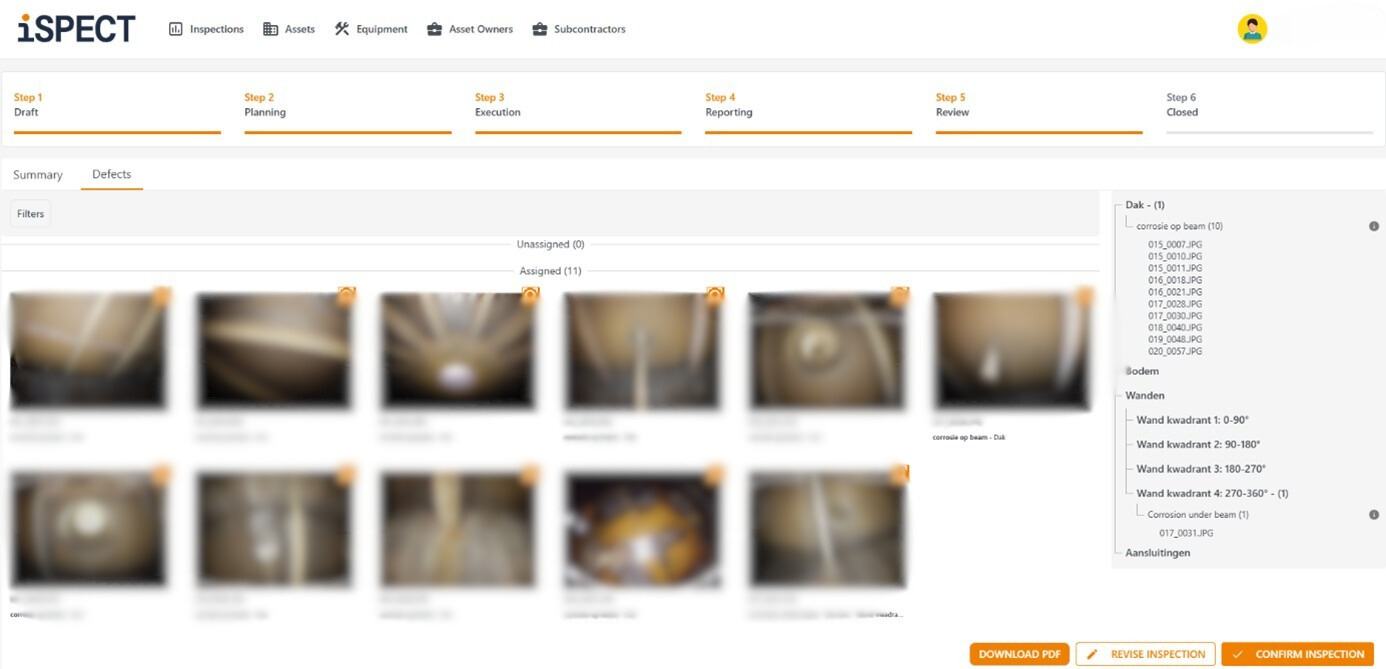 Inspection software interface showing images of defects with steps for planning, execution, and reporting. Features tabs for inspections, assets, and subcontractors, and includes options to download PDF or confirm inspection