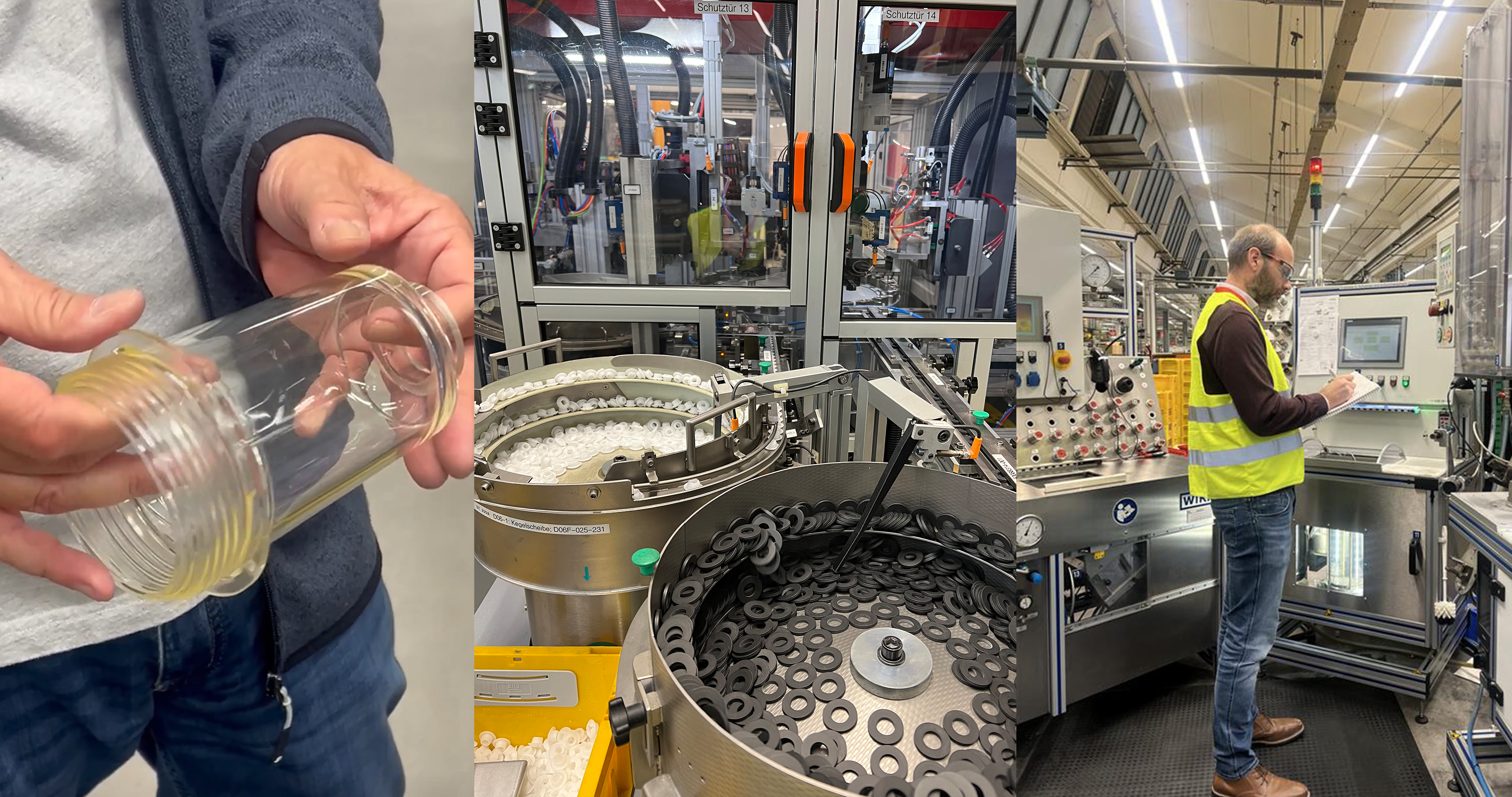 Kiwa employee examines a clear plastic jar. Automated machinery inspects rubber components in a modern manufacturing facility. Worker with tablet wearing a safety vest oversees production processes