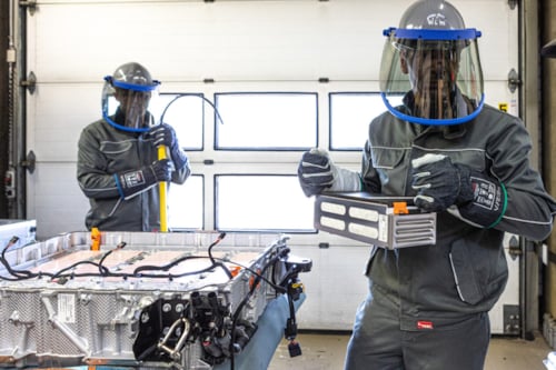 Vinçotte Technicians in protective gear working on electric vehicle battery testing in a testenvironment