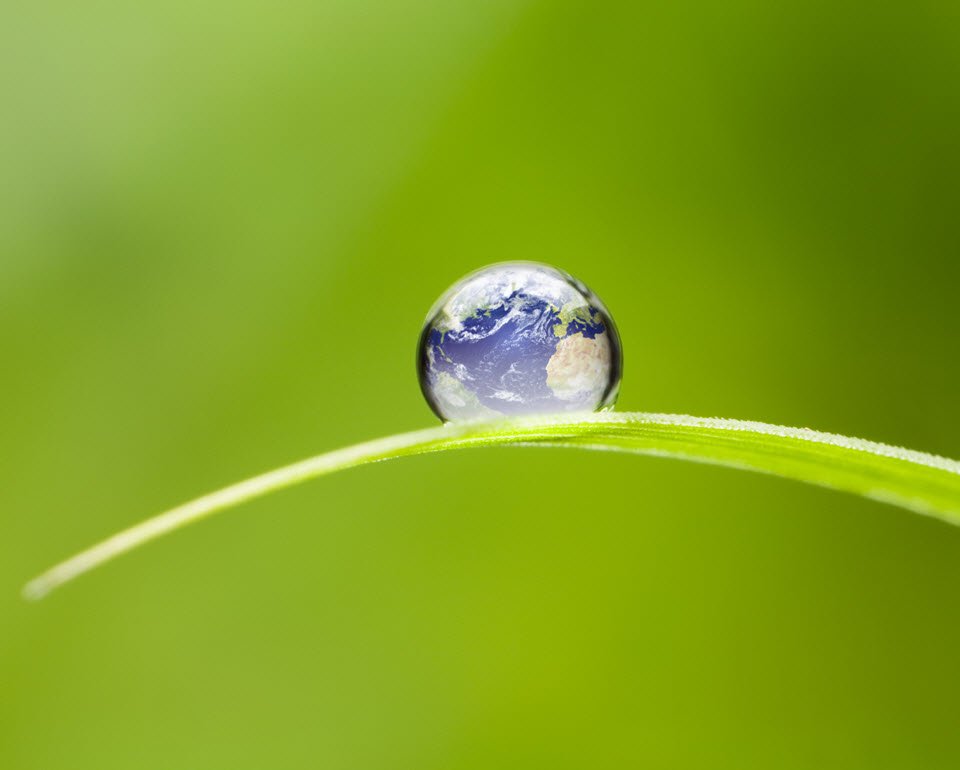 Droplet on leaf with Earth's image inside, against blurred green background.