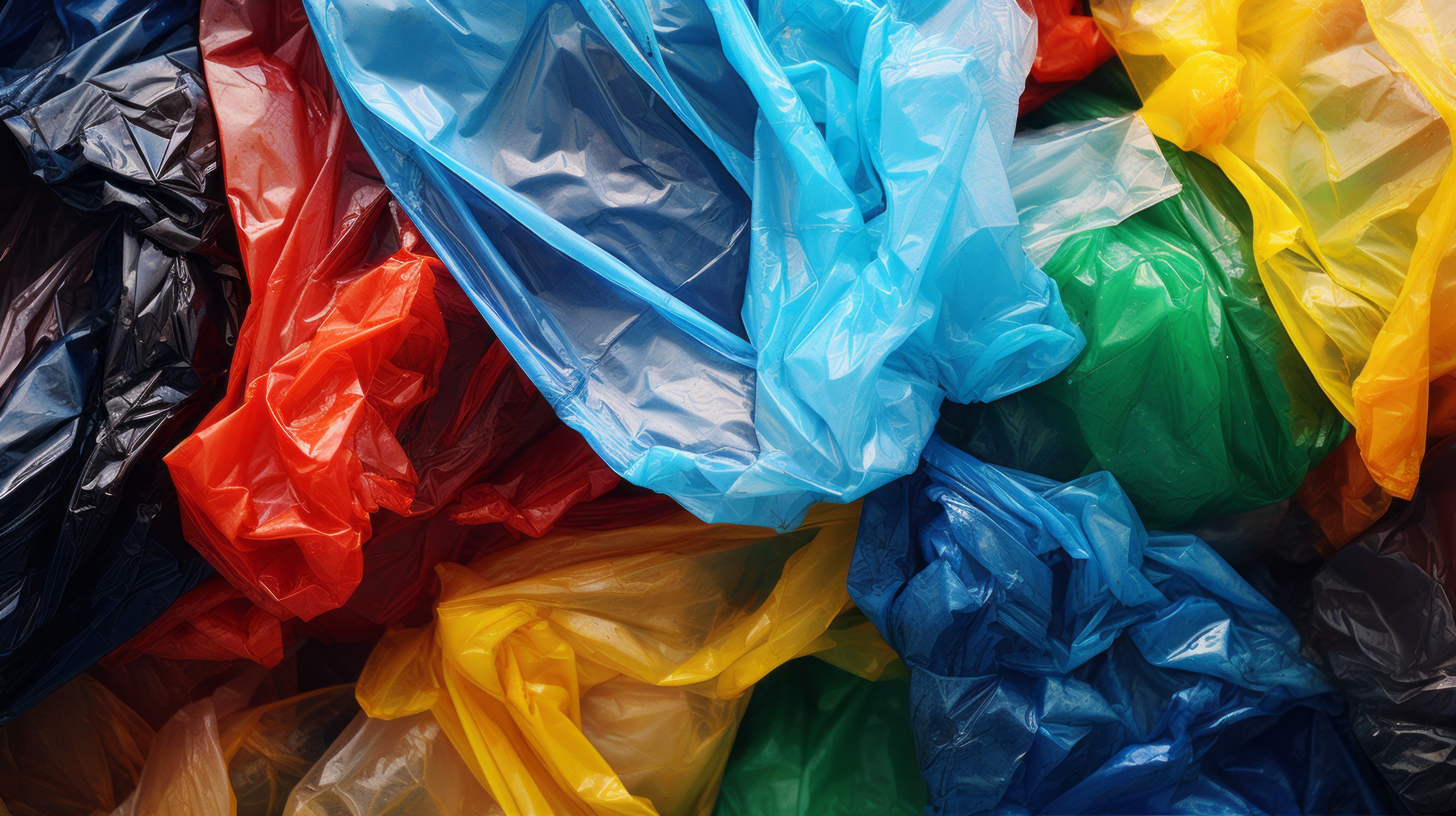 Pile of colorful plastic bags, featuring shades of blue, red, yellow, and green, highlighting environmental concerns related to plastic waste