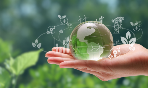Hand holding a transparent globe with sustainable energy icons, symbolizing environmental conservation and renewable energy on a blurred green background