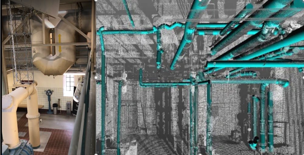 Industrial facility interior with metal pipes and machinery on the left, and a 3D scan blueprint with highlighted pipelines on the right