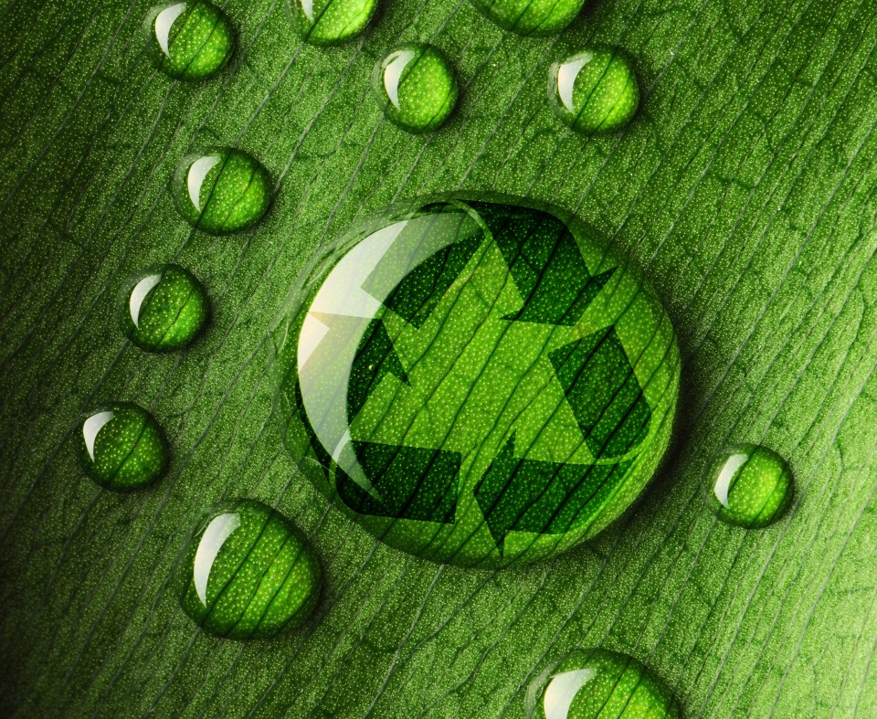Water droplets on a green leaf, featuring a recycling symbol within one droplet, emphasizing sustainability and environmental conservation
