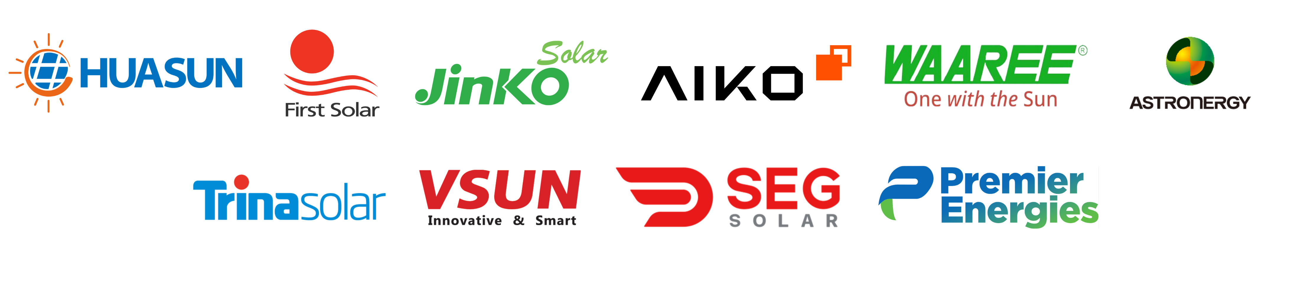 Logos of solar energy companies including Huasun, First Solar, Jinko Solar, Aiko, Waaree, Astronergy, Trina Solar, VSUN, SEG Solar, Premier Energies