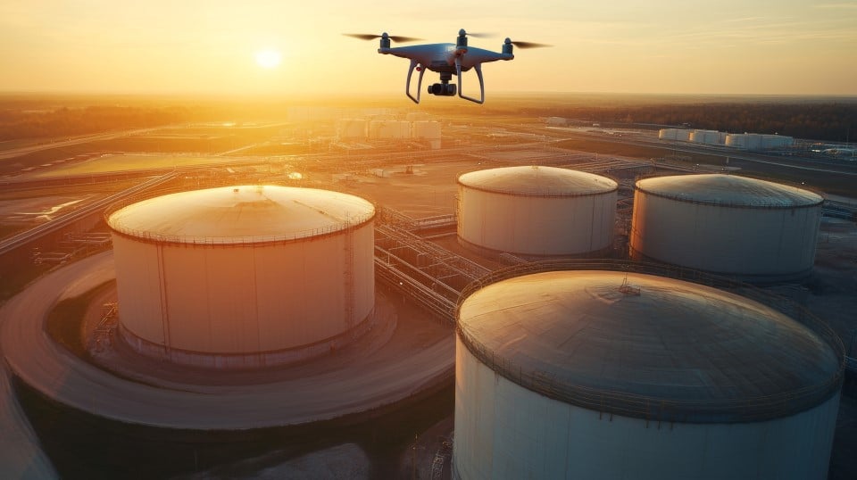 Drone flying over large oil storage tanks at sunset, industrial landscape