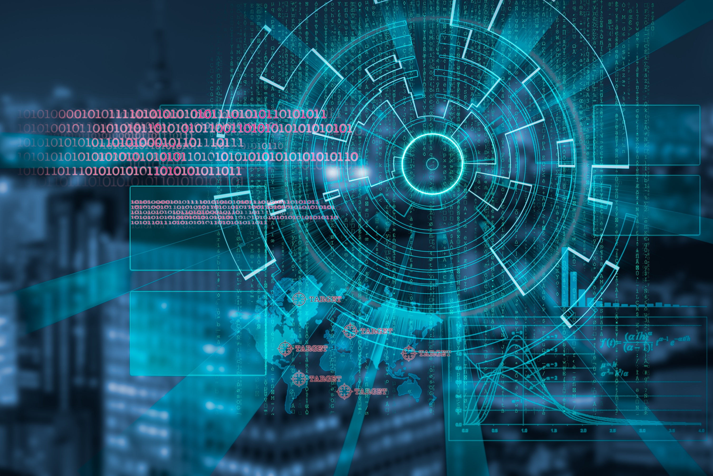 Digitale interface met een blauw technische ontwerp, een wereldkaart en gegevensgrafieken tegen een nachtelijke stadsachtergrond.