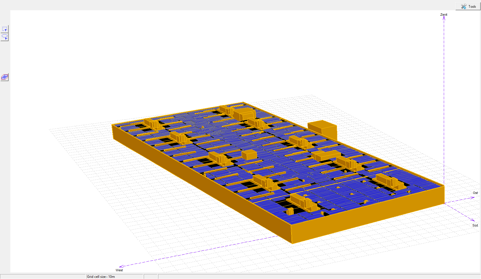 3D model of a solar panel layout design, featuring blue panels with yellow grid lines on a rectangular base, viewed in a design software interface