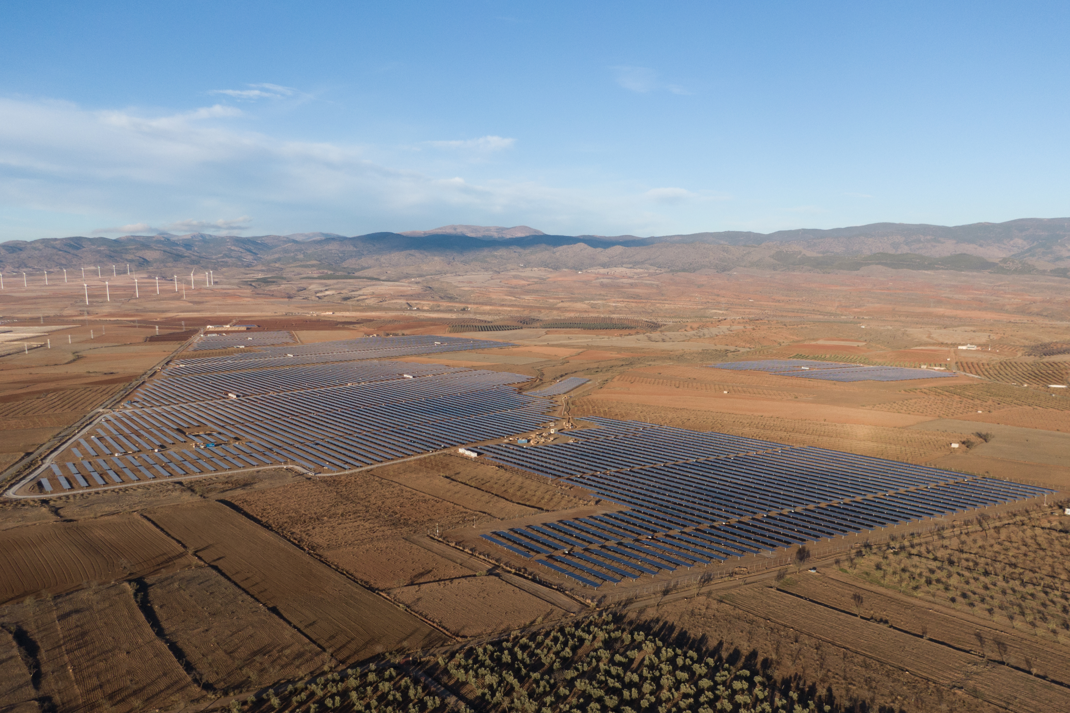 Vista aérea de un extenso parque solar en un paisaje rural de España, con montañas al fondo y un campo de aerogeneradores a la izquierda.