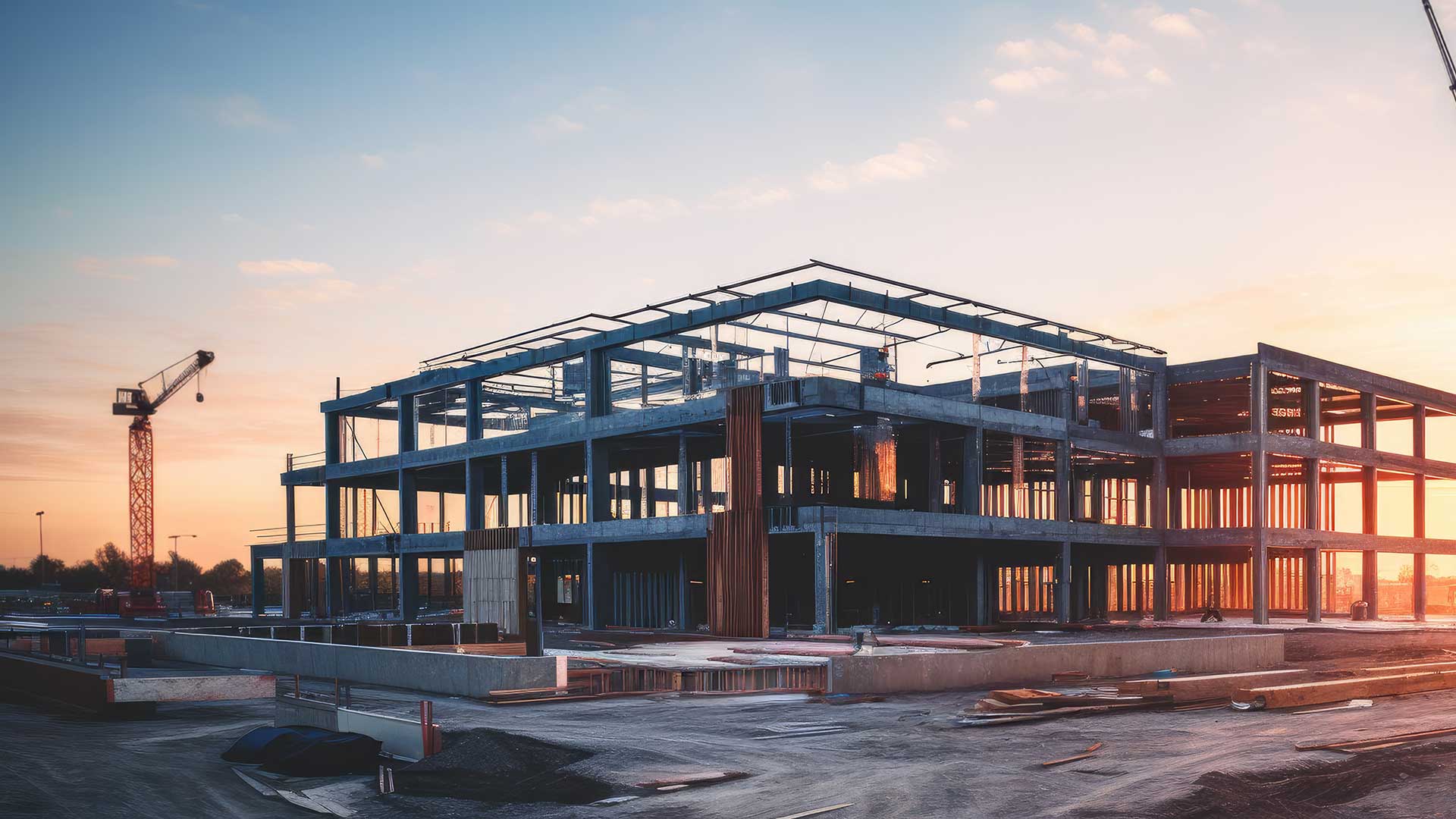 Konstruktionen av en byggnad som håller på att byggas, där en byggkran syns i bakgrunden med vacker solnedgång. 