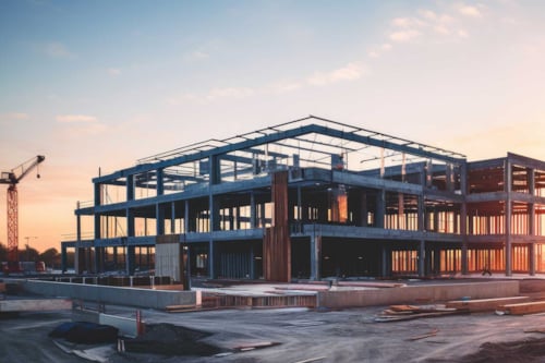 Konstruktionen av en byggnad som håller på att byggas, där en byggkran syns i bakgrunden med vacker solnedgång.