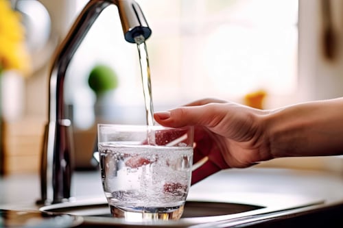 En hand håller ett glas under en rinnande vattenkran i ett kök med suddig bakgrund.