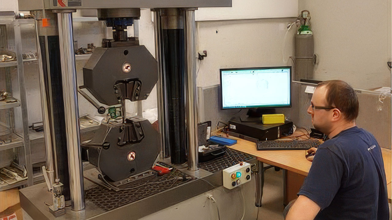 En person sitter nära en materialtestmaskin för ett dragprov i ett laboratorium. En datorskärm och diverse utrustning syns i bakgrunden.