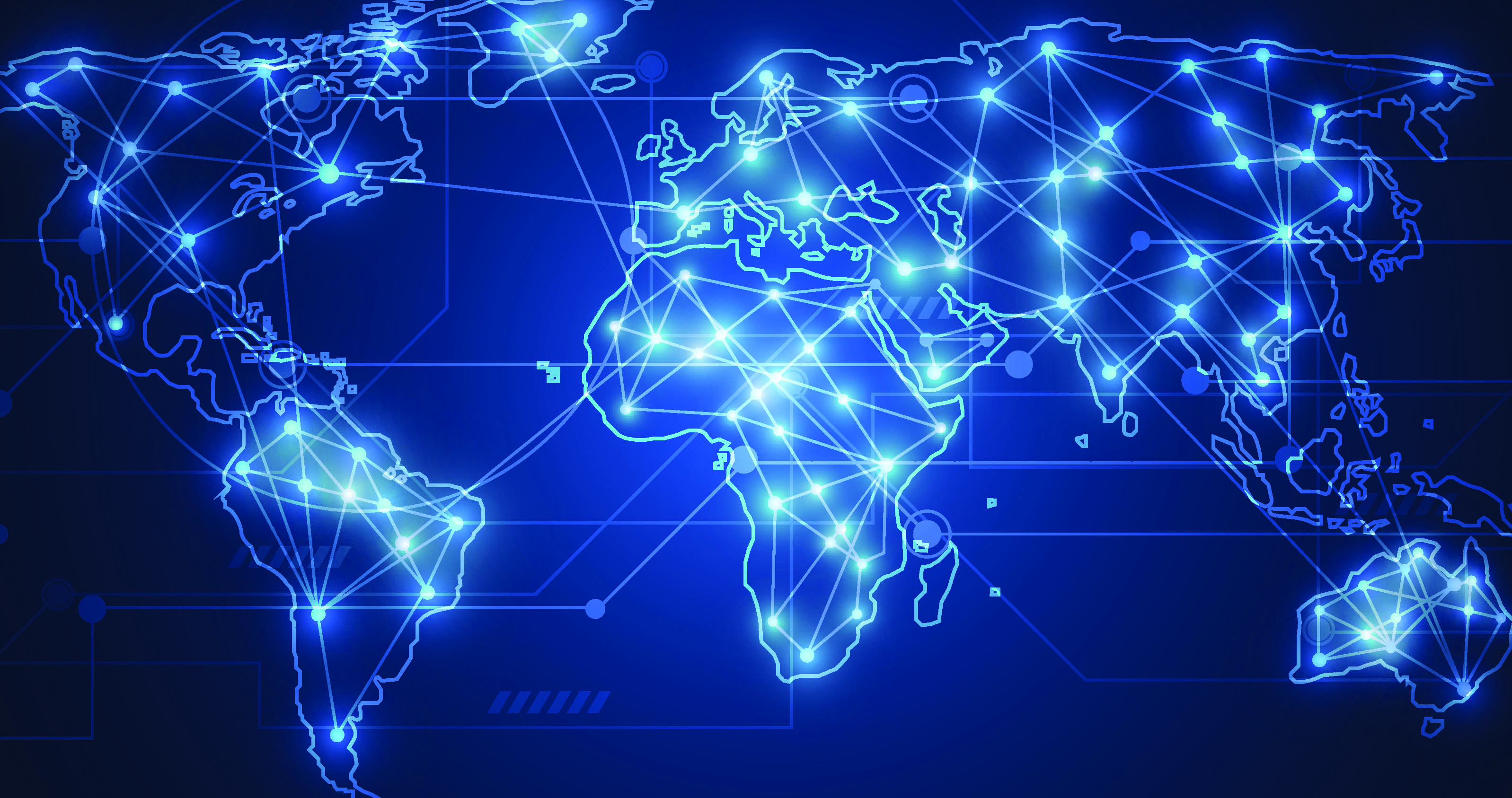 Glowing blue digital world map with connectivity lines and nodes, illustrating global network communication and technology