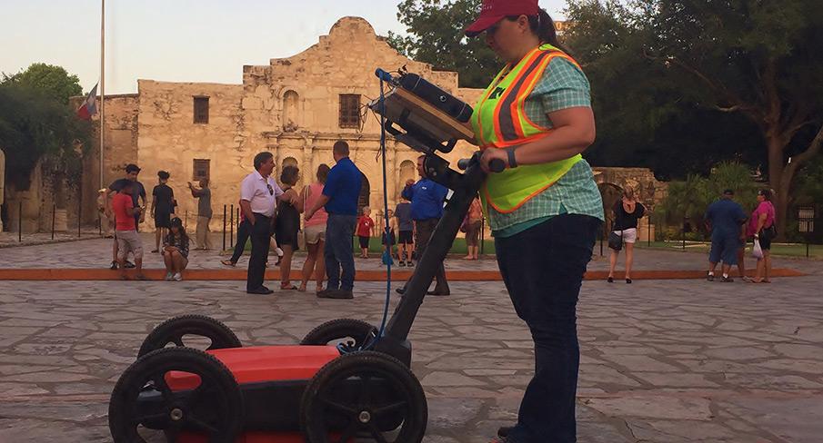 A Kiwa employee using ground-penetrating radar near the historic Alamo site, San Antonio, Texas.